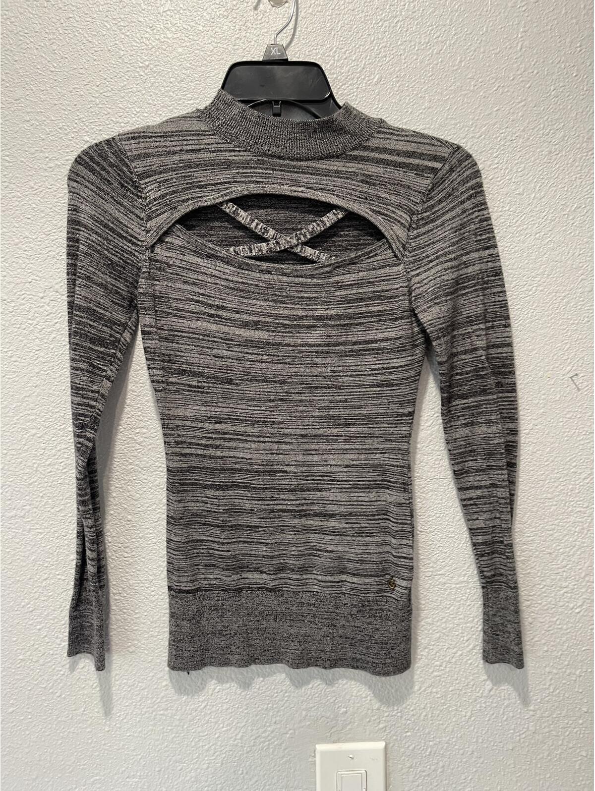 Guess Xs Gray Striped Long Sleeve Knit Sweater With Chest Cr
